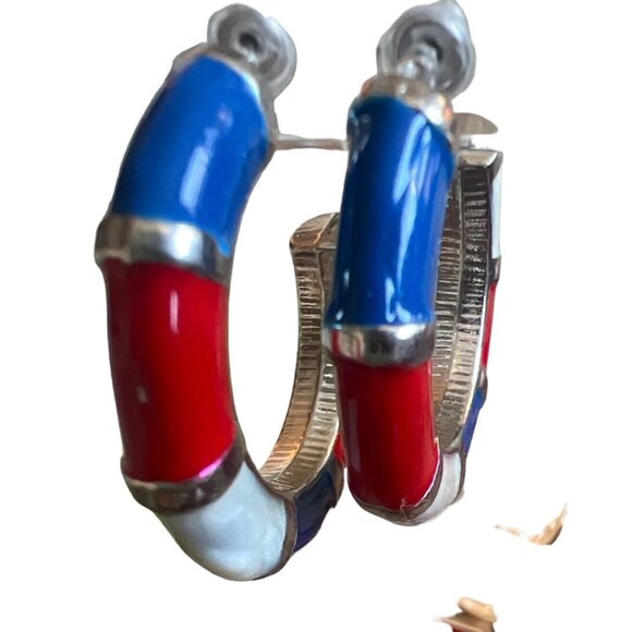 Vintage Red White Blue Enamel Hoops Pierced Earrings Patriotic Summer Democracy - Picture 2 of 11
